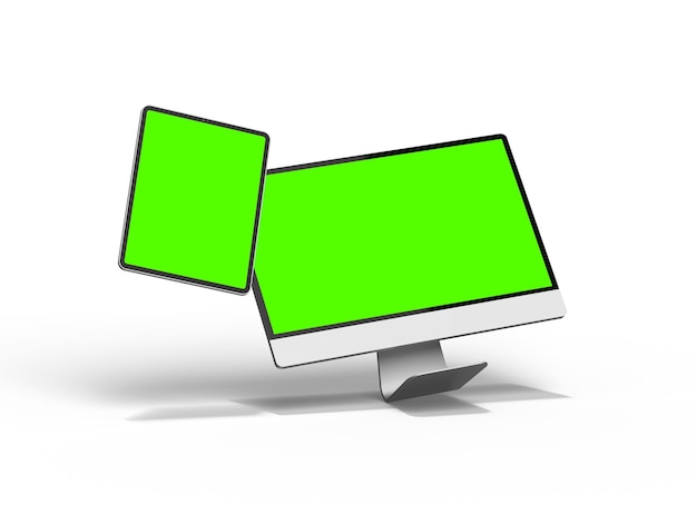 3d render of a desktop computer and tablet with a green screen on a light background