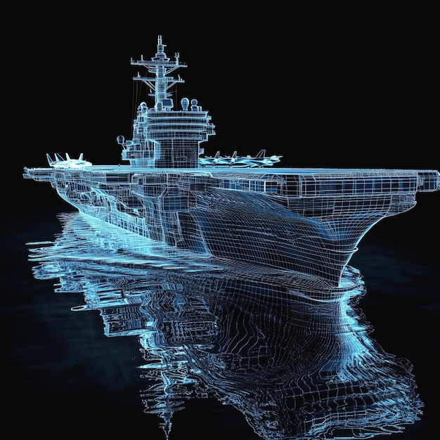 3d render of a digital blueprint container ship in neon blue on black