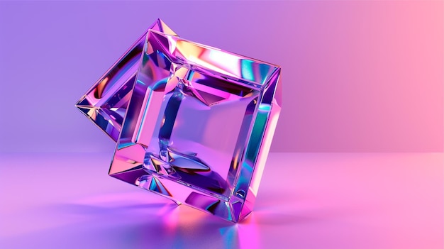 3d render of abstract geometric cube with neon light on violet background