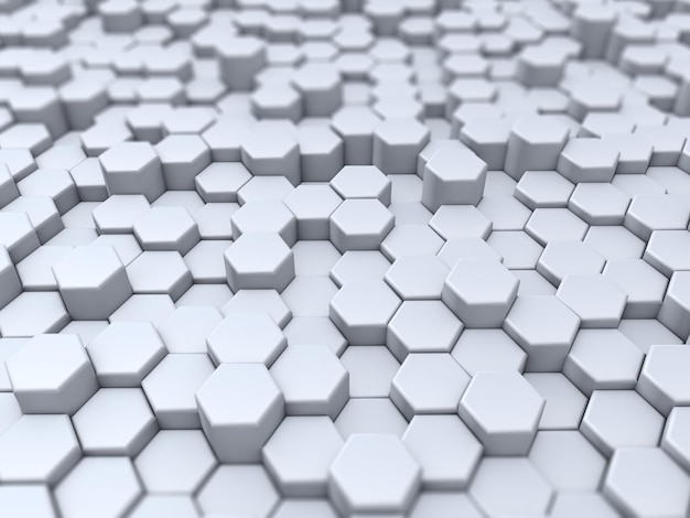 3d render of an abstract landscape with extruding hexagons with shallow depth of field