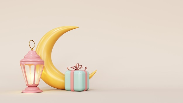 3d render of Ramadan Kareem holiday Cartoon style gift boxes crescent moon with stars lanterns