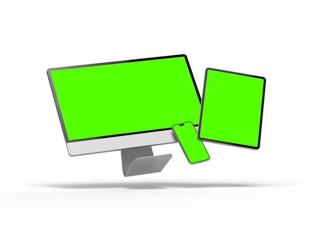 3D Render of smartphone tablet desktop with green screens on a light background