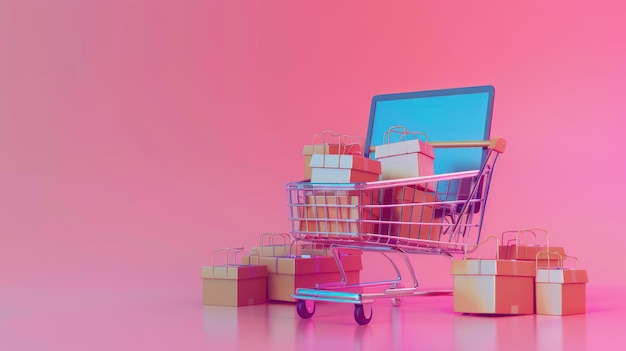 3d render Online shopping concept with cart and computer on vibrant color AI generated image