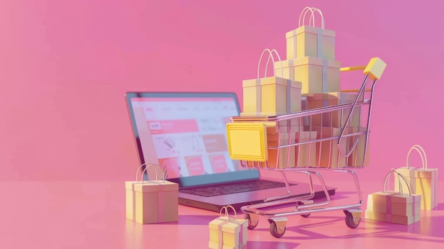 3d render Online shopping concept with cart and computer on vibrant color AI generated image