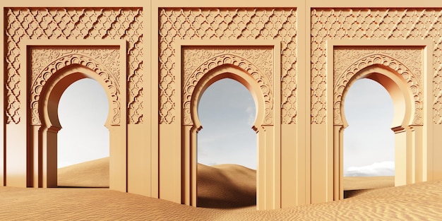 3d render ornate arabic arch standing in the desert ideal for ramadan