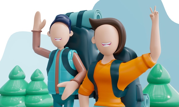3d render Ugly guy and girl tourists rejoice and wave their hands
