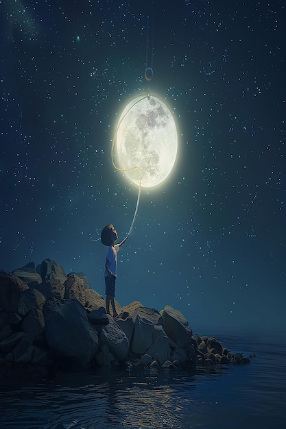 3d rendered beautiful photorealistic a child holding the rope which is tied up with moon at night