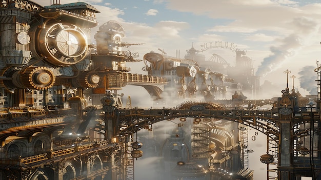 3d rendered imagine a steampunk metropolis with gears and steam powered machinery