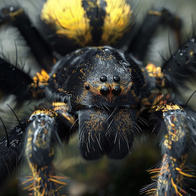 3d rendered photo of a spider with a black and yellow body is covered in black feathers