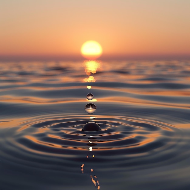 3d rendered photo of Water drops on a surface with a sunset