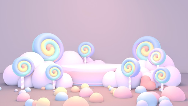 3d rendered soft pastel podium with lollipops and clouds