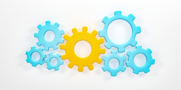 3D rendering 3D illustration Gear wheels cogs and gears mechanism on white background Teamwork cooperation machine symbolism concept