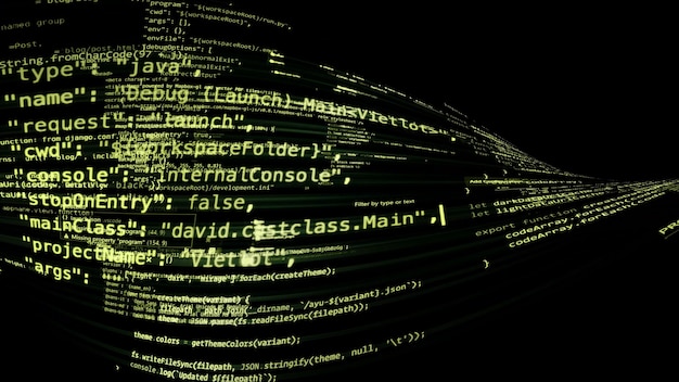 3D rendering abstract code in the virtual space. The computer code is bent in the form of a tape