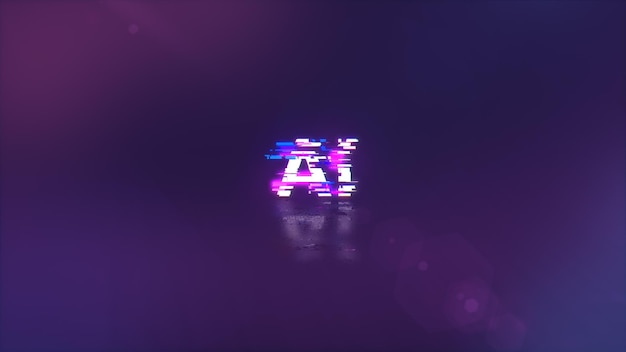 3D rendering AI text with screen effects of technological glitches