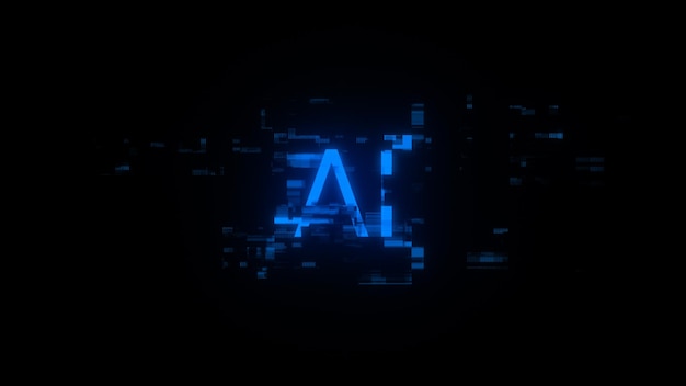 3D rendering AI text with screen effects of technological glitches