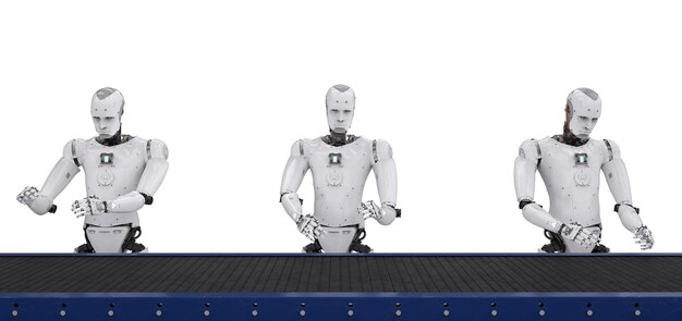 3d rendering android robot assembly line with conveyor line