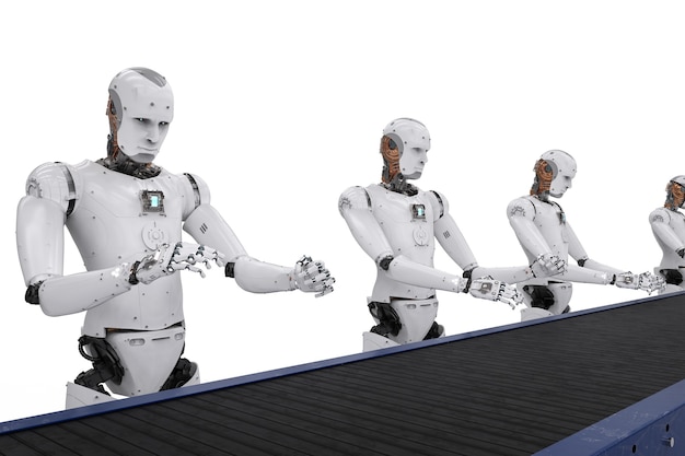 3d rendering android robot assembly line with conveyor line
