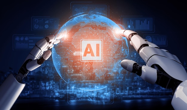 3d rendering artificial intelligence ai research of robot and cyborg development for future of people living digital data mining and machine learning technology design for computer brain
