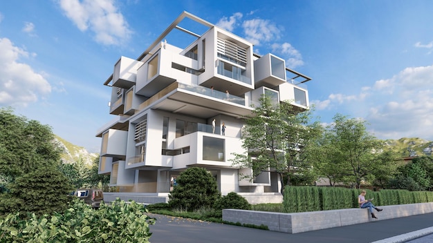 3D-rendering av en moderne, eksklusiv boligbygning