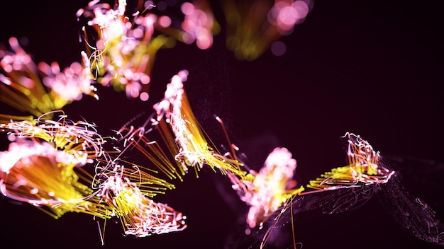 3D-rendering av et fargerikt abstrakt stilig partikkel- og plexussystem på en mørk bakgrunn