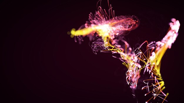 3D-rendering av et fargerikt abstrakt stilig partikkel- og plexussystem på en mørk bakgrunn