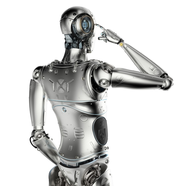 3D-rendering av humanoid robot som tenker eller databehandler på hvit bakgrunn