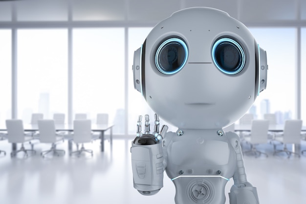 3D-rendering av søt kunstig intelligens-robot med tegneseriefigur som løfter hånden