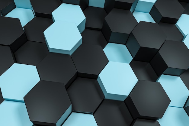 3d rendering black and cyan hexagon cubes