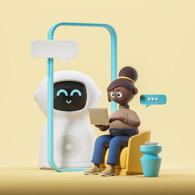 3d rendering Cartoon woman with laptop asking robot for information