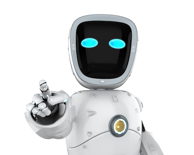 3d rendering cute artificial intelligenceÂ robot or assistant robot finger point isolated on white