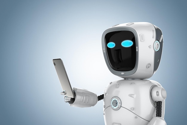3d rendering cute artificial intelligenceâ robot or assistant robot with mobile phone