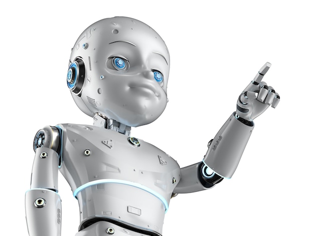 3d rendering cute robot or artificial intelligenceÂ robot with cartoon character finger point