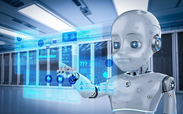 3d rendering cute robot or artificial intelligenceâ robot with graphic display in server room