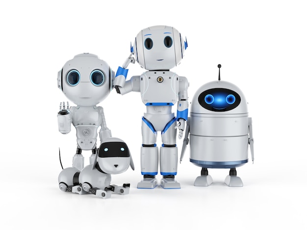 3d rendering group of artificial intelligence robots with cartoon character
