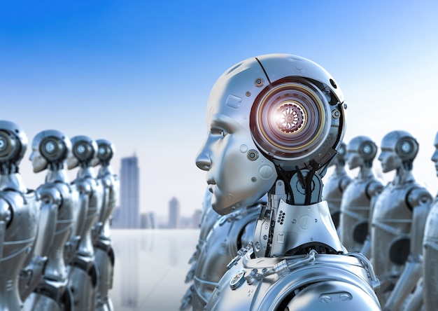 3d rendering group of humanoid robots in a row