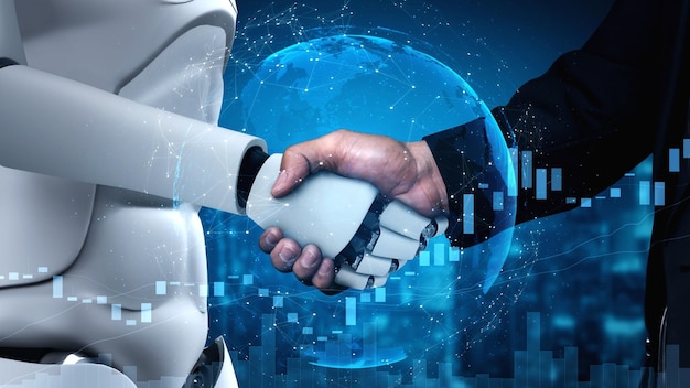 3D rendering hominoid robot handshake to collaborate future technology