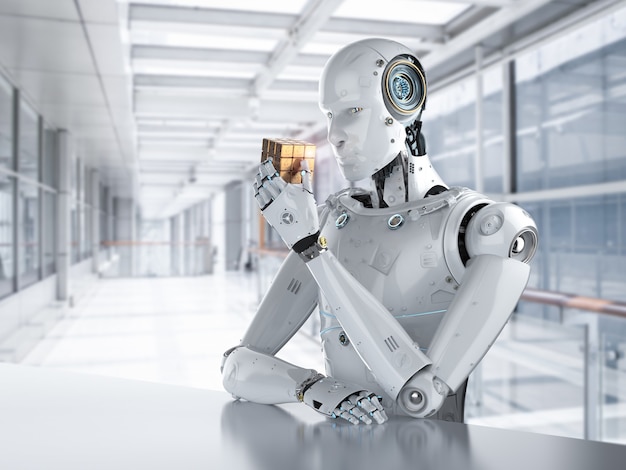 3d rendering humanoid robot playing cube puzzle