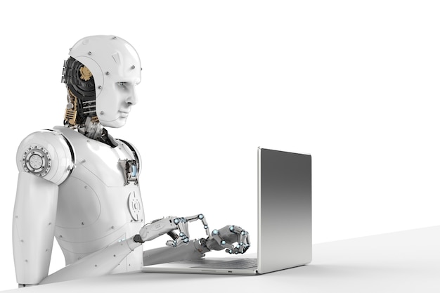 3d rendering humanoid robot working on laptop computer