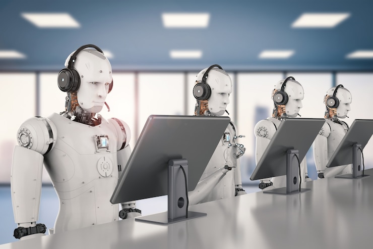 Foto 3d rendering humanoid robot working with headset and monitor
