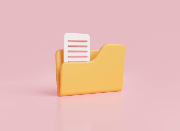 3D rendering illustration of folder icon with paper document isolated on pink background Computer folder folder with files paper iconFile management conceptCartoon style minimal