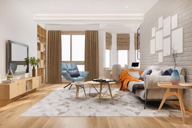 3D-rendering loft skandinavisk stue med arbeidsbord og bokhylle