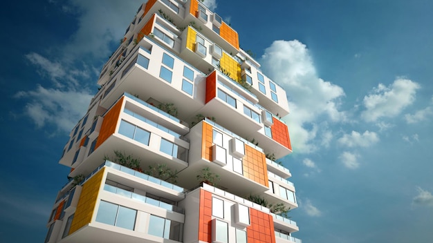 3D rendering of a building formed by habitation blocks with gardens and solar panels