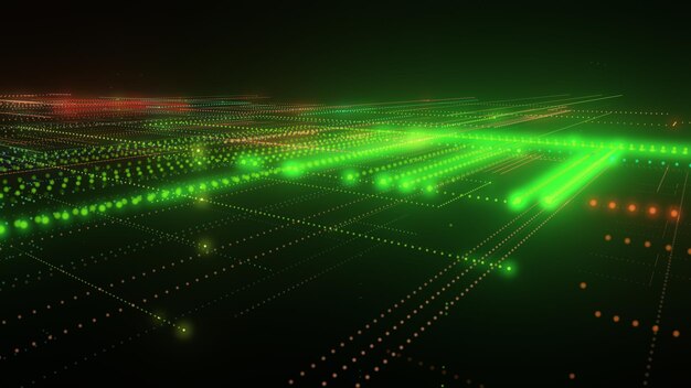 3D rendering of a digital neon mesh made of bright lines and dots