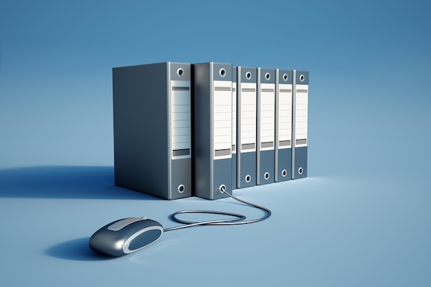 3d rendering of a group of ring binders attached to a computer mouse