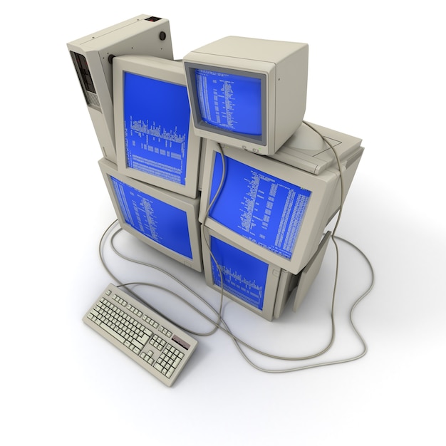 3D rendering of  a pile of computers with a binary code on the screens
