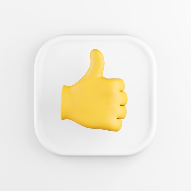 3d rendering of a white square icon button, the yellow handpalm with the thumb up isolated on white background.