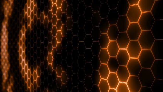 3D rendering of abstract futuristic hexagonal mesh with light effects