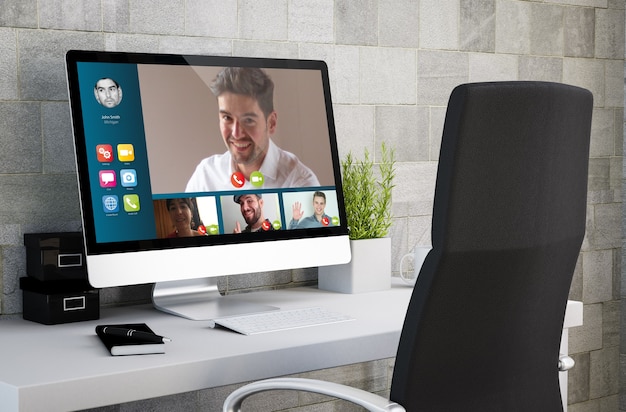 3d rendering of industrial workspace showing video conferences on computer screen.