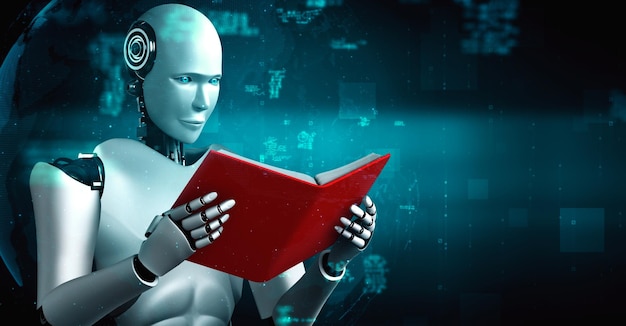 3d rendering of robot hominoid reading book and solving math