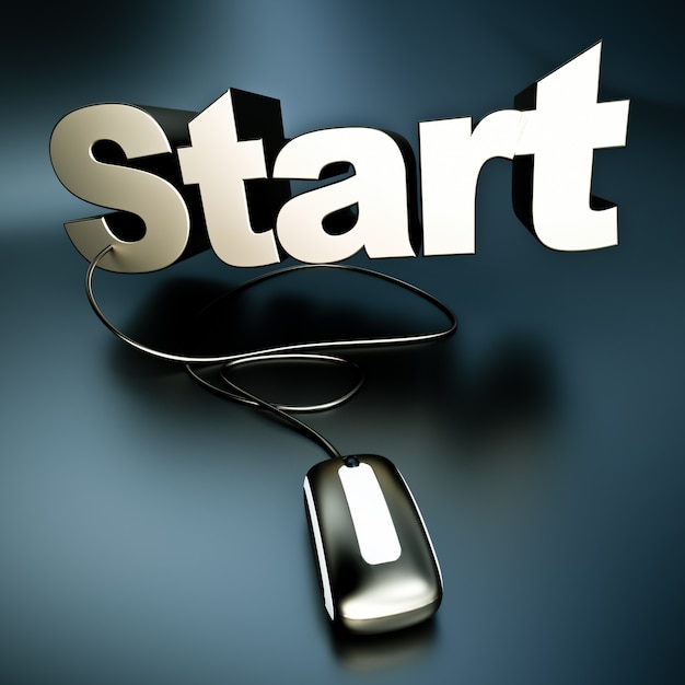 3D rendering of the word start in silver connected to a computer mouse